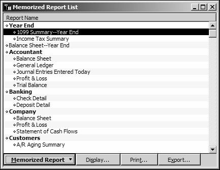L E S S O N 9 Adding reports to memorized report groups Now, you ll add two previously memorized reports to the Year End group.