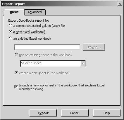 Analyzing financial data 5 On the Report buttonbar, click Export. QuickBooks displays the Export Report window.