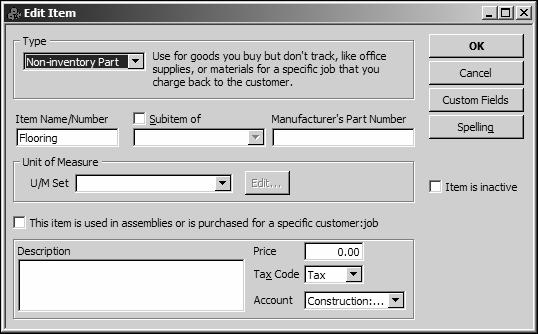 Setting up inventory Assigning measure sets You can create several measure sets for your company that you can assign to items. You just created a measure set for area for Rock Castle.
