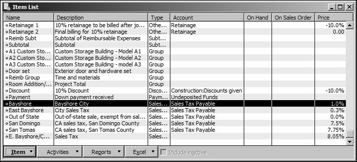 QuickBooks adds Bayshore Tax Agency to the Vendor list. Your Item list should resemble the following figure.