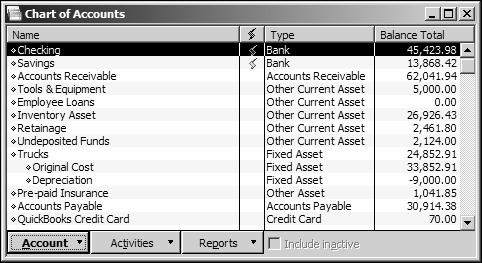 Getting started To display the chart of accounts: 1 From the Lists menu, choose Chart of Accounts. QuickBooks displays the chart of accounts for Rock Castle Construction Company.