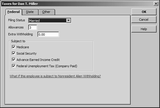 L E S S O N 1 2 6 Click Taxes. QuickBooks displays the Federal tab of the Taxes for Dan T. Miller window.