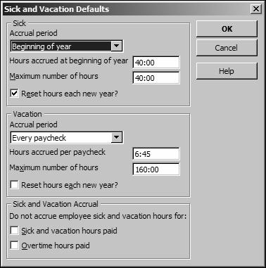Doing payroll with QuickBooks 7 Click Sick/Vacation. QuickBooks displays the Sick & Vacation Defaults window. Information regarding earned sick days and vacation days is entered in this window.