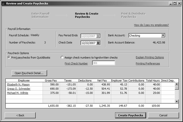 6 Click Continue. QuickBooks displays the Review and Create Paychecks window.