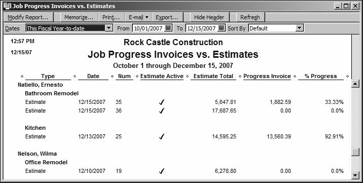 L E S S O N 1 3 2 Choose Job Progress Invoices vs. Estimates. QuickBooks displays the job progress invoices vs. estimates report.