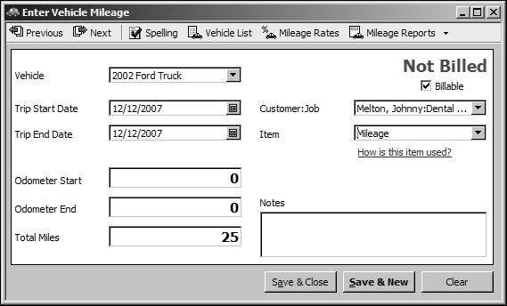 Tracking time Entering mileage By tracking your vehicle mileage, you can enter, sort, and print lists of your vehicles and the mileage you've driven for work-related tasks.