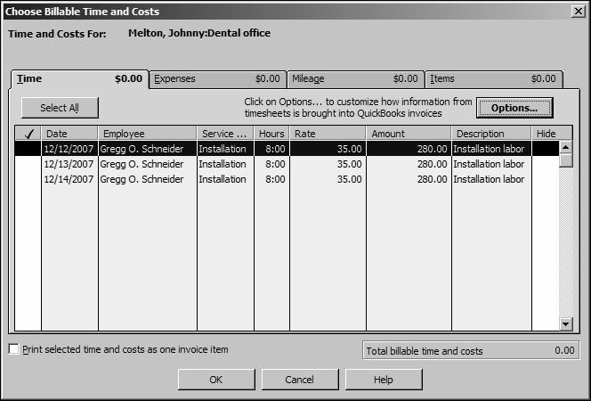 Tracking time 5 Click the Add Time/Costs button. QuickBooks displays the Choose Billable Time and Costs window.