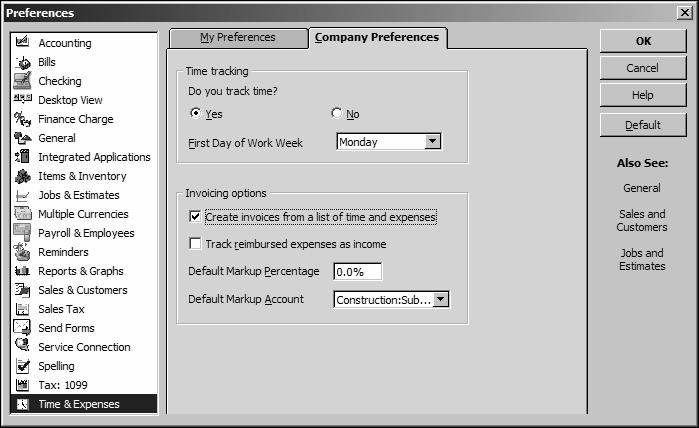 Tracking time 3 Click to select the Create invoices from a list of time and expenses checkbox. 4 Click OK.