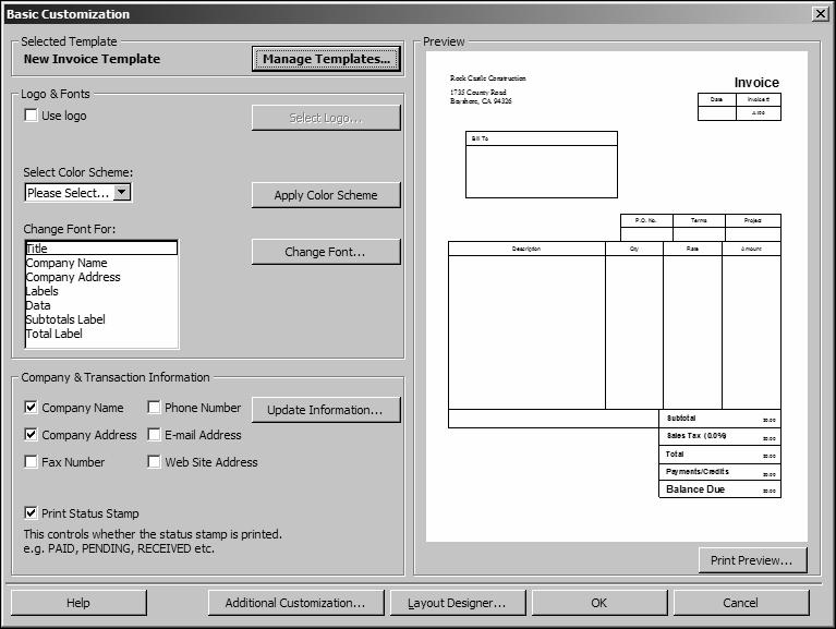 L E S S O N 1 5 3 Click OK to select the invoice form. QuickBooks displays the Basic Customization window. 4 Click the Manage Templates button to give the template a name.