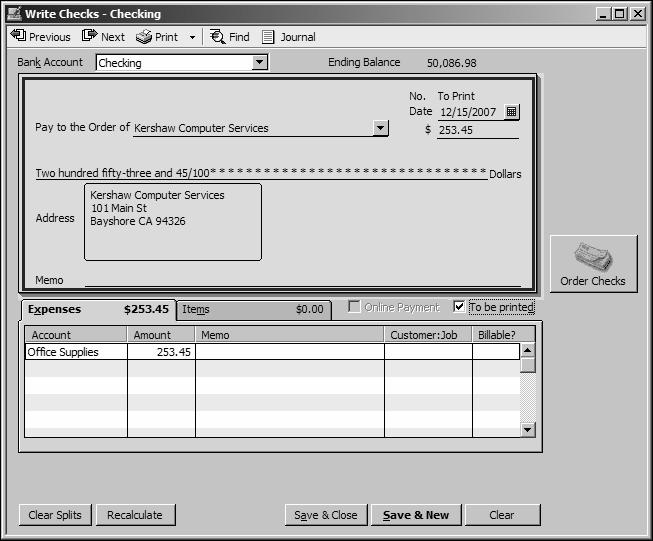 A P P E N D I X A 4 Type 253.45 as the amount, and press Tab. QuickBooks automatically writes the amount for you on the next line.