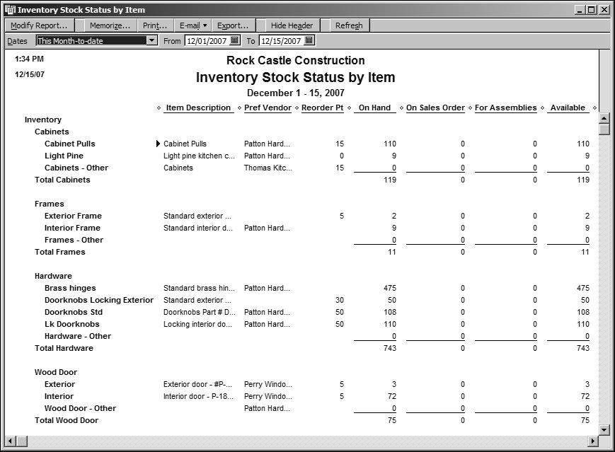 A P P E N D I X A To generate an inventory report: 1 From the Reports menu, choose Inventory, and then choose Inventory Stock Status by Item from the submenu.