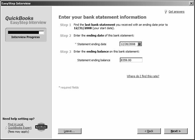 Setting up QuickBooks Your screen should look like this: 8 Click Next. 9 When QuickBooks asks if you want to add another bank account, click No. Then click Next.