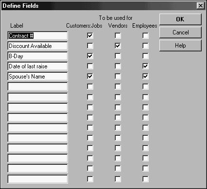 L E S S O N 3 5 Click Define Fields. QuickBooks displays the Define Fields window.