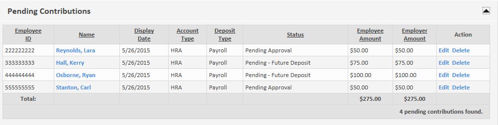 Meanwhile, all four deposits appear in the pending contributions section of contribution manager.
