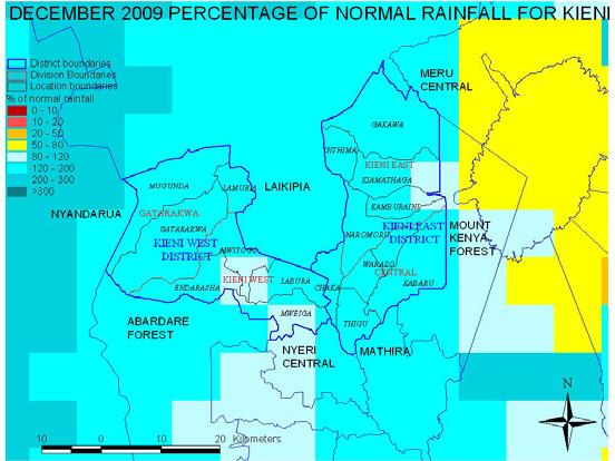 A percentage of normal representation on rainfall estimates (RFE) computed from cumulative satellite imagery for December indicate that almost the whole of Kieni received rainfall of between 80 to