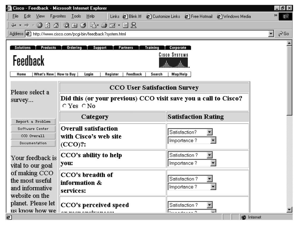 Cisco site feedback options (www.cisco.