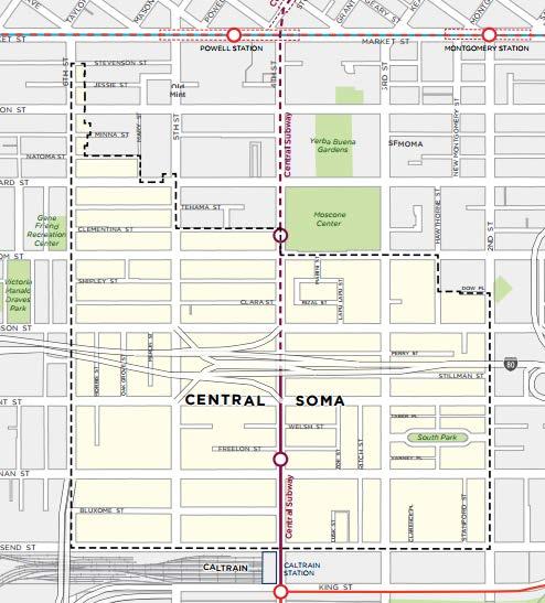 Area and Western SoMa Plan Area, whose boundaries will be adjusted accordingly. The Central SoMa Plan Area boundaries were created to include areas within easy walking distance (i.e., two blocks) of the Central Subway s 4 th Street alignment.