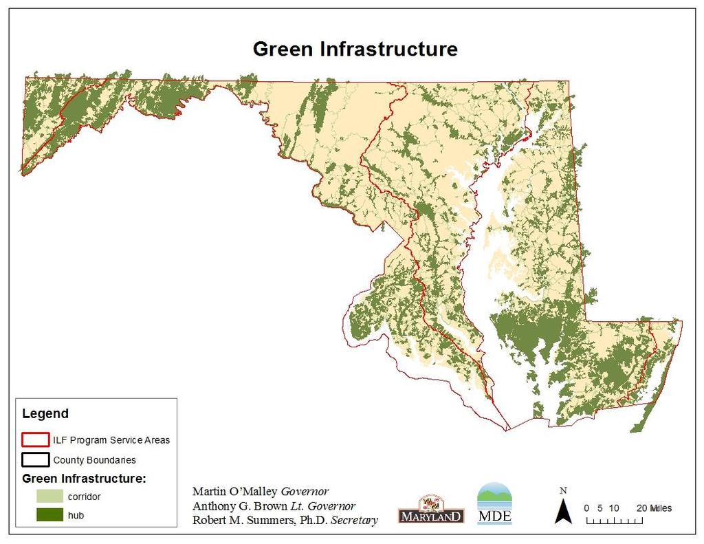 Larry Hogan, Governor Boyd Rutherford, Lt. Governor Ben Grumbles, Ph.D., Secretary Figure 12. Green Infrastructure Hubs and Corridors in Maryland. Data is from MD imap and DNR.