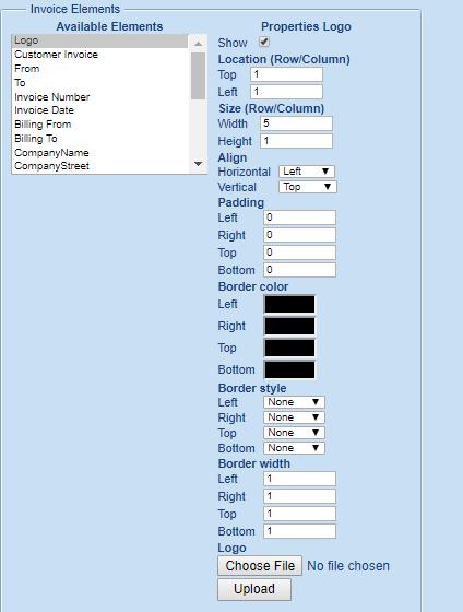 To do this we ll scroll down the Invoice Template Designer screen to the Invoice Elements area; highlight the Logo element in the