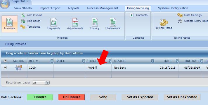 Finalizing and Unfinalizing Invoices To finalize one or more invoices in the Pre-Bill Stage simply check the box in the first column of invoice row, and then click the green Finalize
