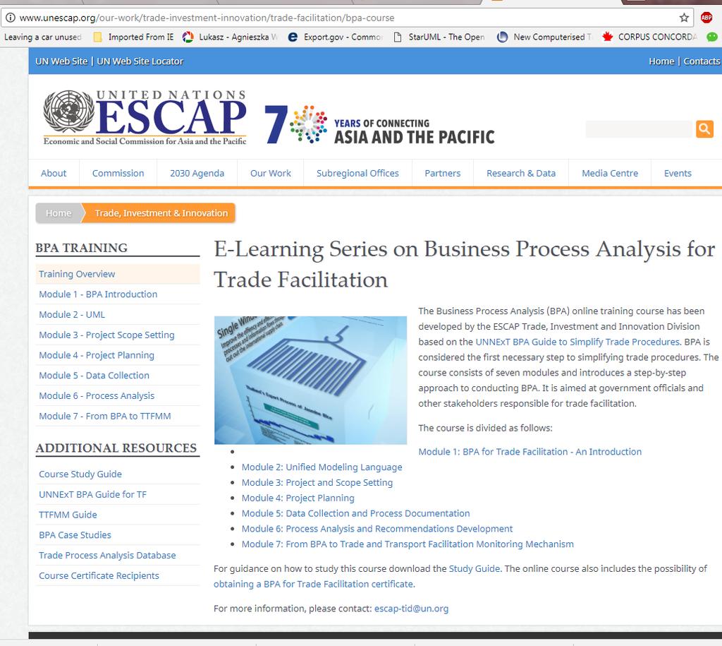 Support from ESCAP Capacity building and technical advice, whenever possible Free Online course on Business Process Analysis for