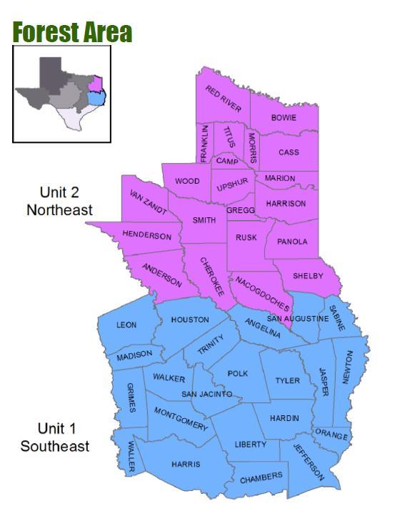 Figure 2. Counties in East Texas 4 Loblolly-shortleaf pine is the most dominant forest-type group on timberland covering 5.4 million acres, about 45% of the timberland in East Texas (see fig.