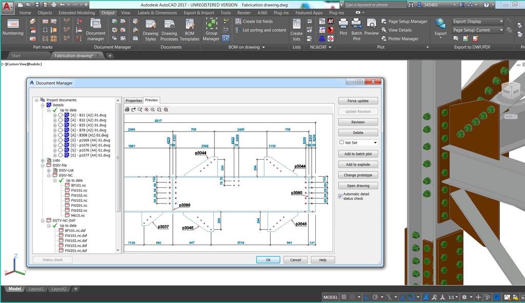 FROM AUTOCAD TO ADVANCE STEEL 5 FIGURE 3: Drawings, bills of materials, and NC files are automatically generated from and linked to the 3D Advance Steel model.