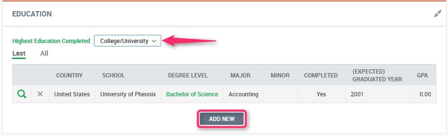 To assign Education Levels and Degrees to employees, go to My Employees > Employee Information and select the icon for the employee you want to edit.