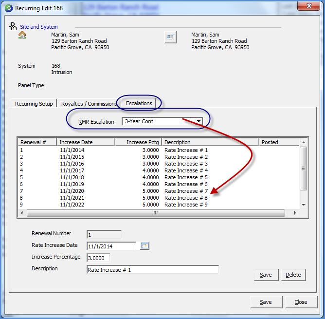 Attaching an RMR Escalation Schedule to a Recurring Line Open the Recurring Line in edit mode; navigate to the new Escalations tab. From the dropdown list, select the desired RMR Escalation Code.