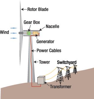 Renewable Energy Sources The diagram shows a wind turbine. Describe how a wind turbine generates electrical energy.