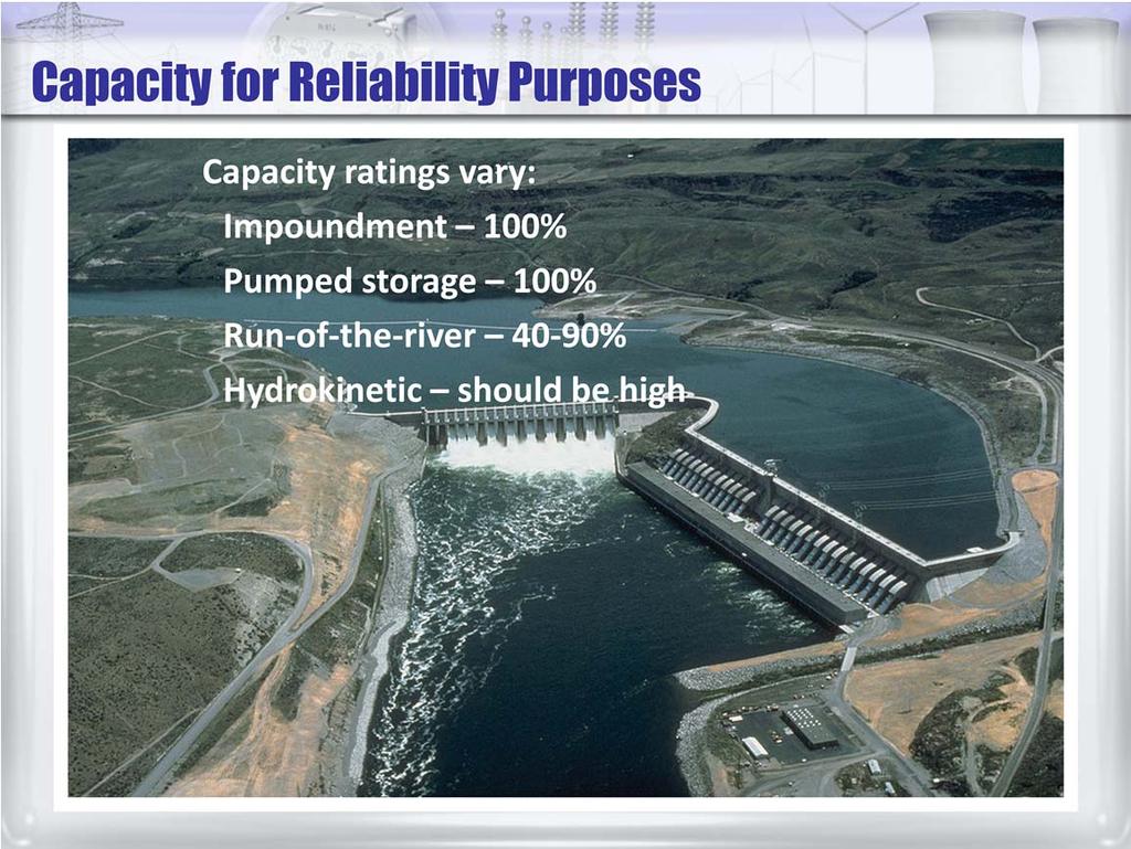 Capacity ratings for reliability purposes for hydro power vary depending on the characteristics of a specific facility.