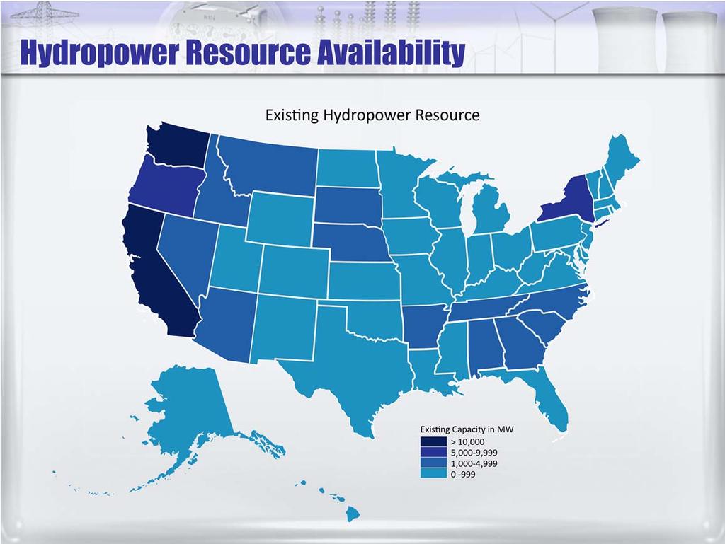 As you can see on this map of existing hydro resources, the largest resources are along the West Coast