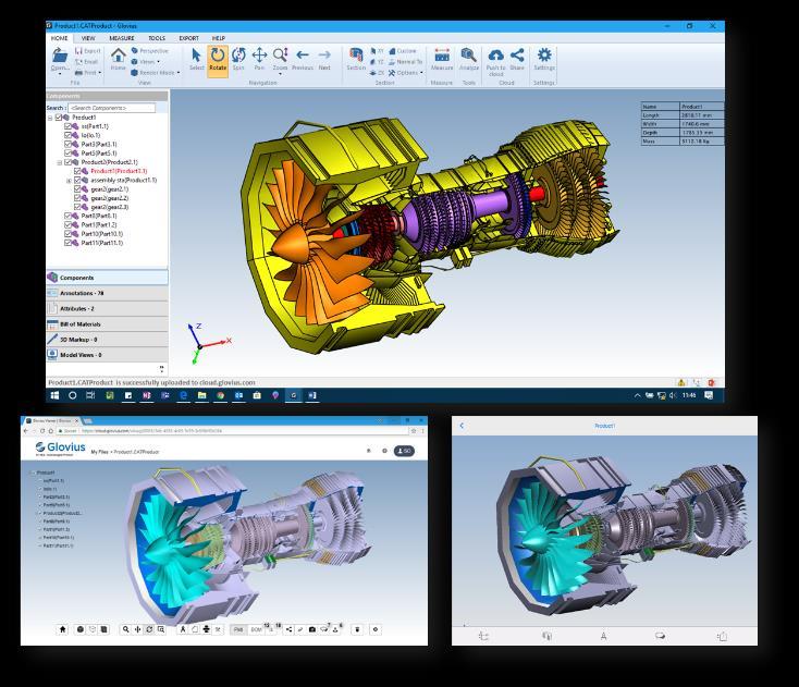 Collaborate with Glovius Cloud Carry your 3D designs View your CAD files on any device Check Meta data - Product Structure, PMI, Attributes Analyze 3D components Collaborate with your team Add and