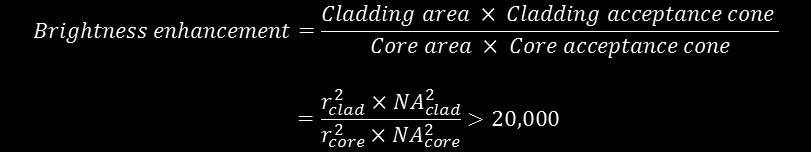 angle, Core acceptance solid angle). This reduces to the ratio of the radii (r clad, core) and NA (NA clad, core) of both the cladding and the core respectively. For a common 20 µm, 0.