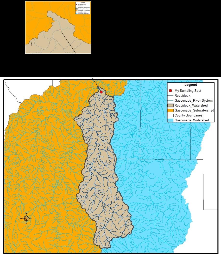 Watersheds in Missouri The red point indicating a sampling location is along the Roubidoux Creek in Pulaski County.