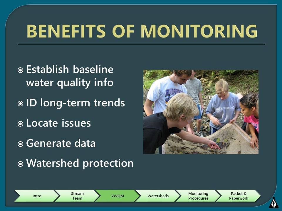 Benefits of Monitoring Water Quality There are several benefits to monitoring the water quality of our streams: Establish Baseline Water Quality Information: Missouri has nearly 110,000 classified