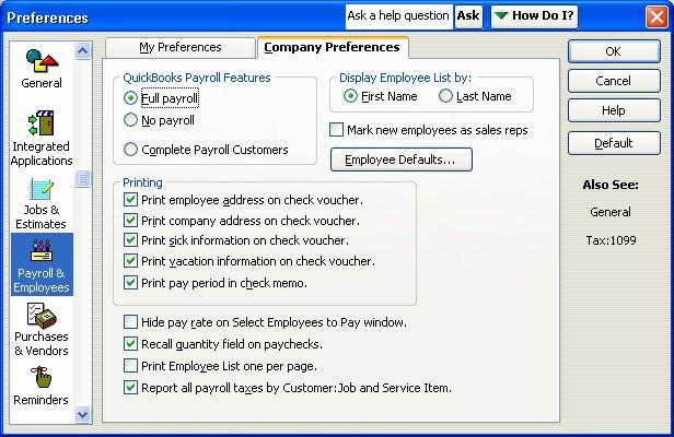 Scroll up in the left hand navigation of the Preferences window. Select Payroll & Employees as shown in Figure 3-3.