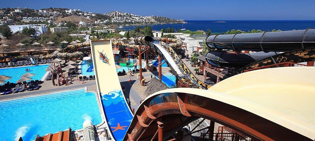 I saw Aqua Park in Bodrum, Turkey The water park, which is located between the two
