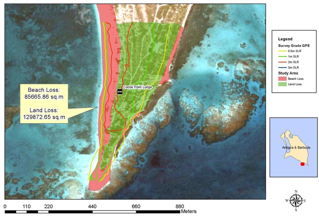 Figure 3: Total land and beach loss due to SLR at Cocoa Point, Barbuda One meter and two meter SLR scenarios, and beach erosion scenarios of 50 m and 100 m, were used to assess the potential