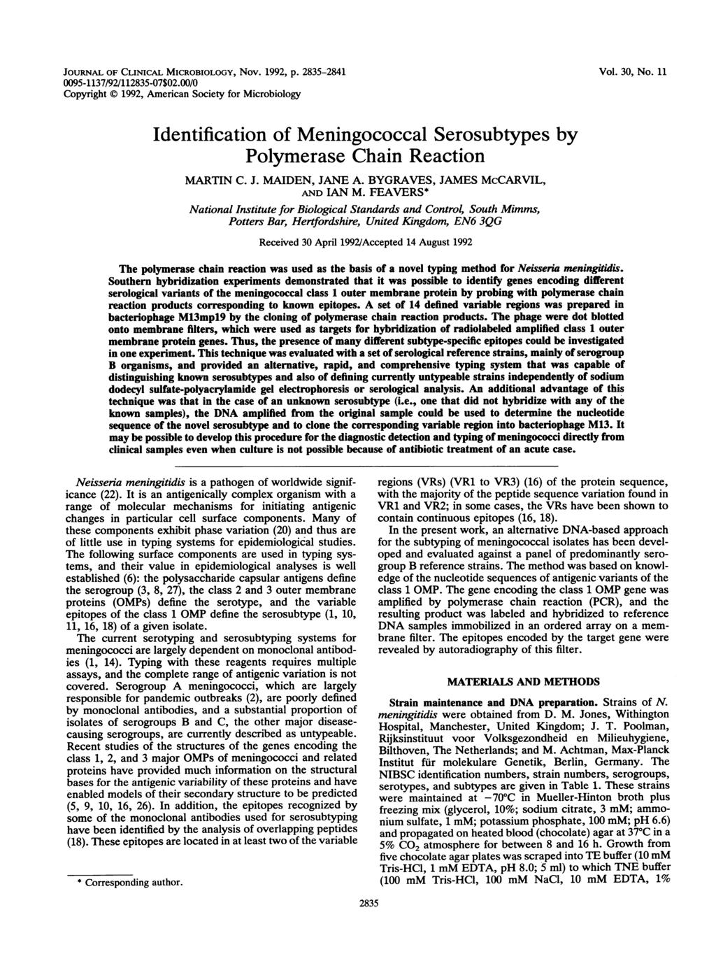 JOURNAL OF CLINICAL MICROBIOLOGY, Nov. 1992, p. 2835-2841 0095-1137/92/112835-07$02.00/0 Copyright X 1992, American Society for Microbiology Vol. 30, No.