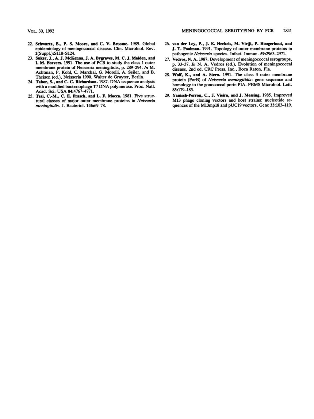 VOL. 30, 1992 22. Schwartz, B., P. S. Moore, and C. V. Broome. 1989. Global epidemiology of meningococcal disease. Clin. Microbiol. Rev. 2(Suppl.):S118-S124. 23. Suker, J., A. J. McKenna, J. A. Bygraves, M.