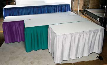 Display Tables, Carpet & Drapery Display Tables DRAPED TableS 201 4 L x 24 W x 30 H 202 6 L x 24 W x 30 H 203 8 L x 24 W x 30 H Teal Green Black Blue Purple Silver UNDRAPED TableS 205 4 L x 24 W x 30
