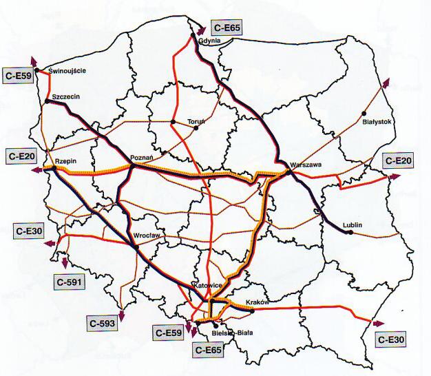 Berlin Kunowice Poznan Warsaw Terespol Minsk Moscow (corridors II) E 20, Berlin Zgorzelec Wroclaw Katowice Cracow Przemysl Lvov Kiev (corridors III) E 30, The priorities for modernization are for