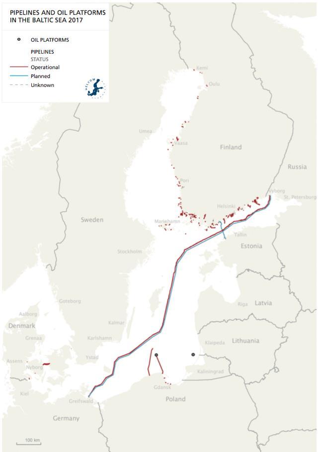 The Nord Stream pipeline, which started operating 2011 and is used for transporting natural gas across the Baltic Sea from Russia to Germany, is with its 1220 km one of the longest underwater