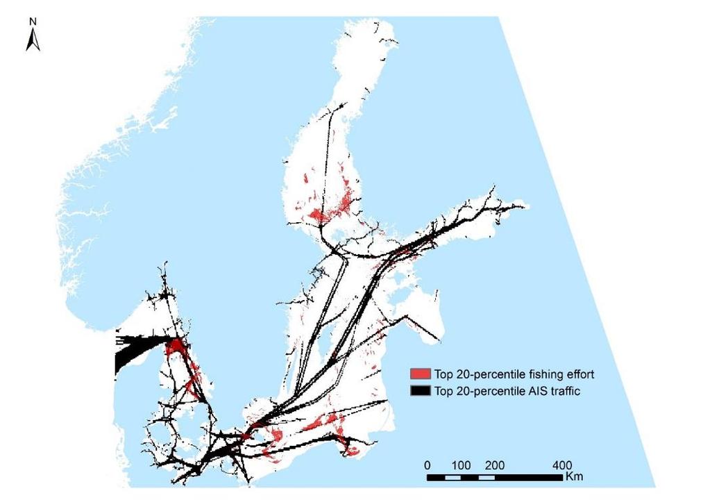 Figure 18 illustrates the overlap between shipping routes and fishing areas, to identify areas with a potential conflict of interests.