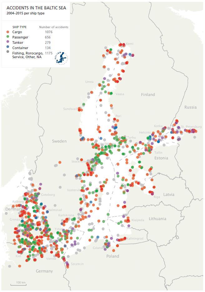 Spatial distribution As expected these reported accidents cluster around highly trafficked sections of the Baltic