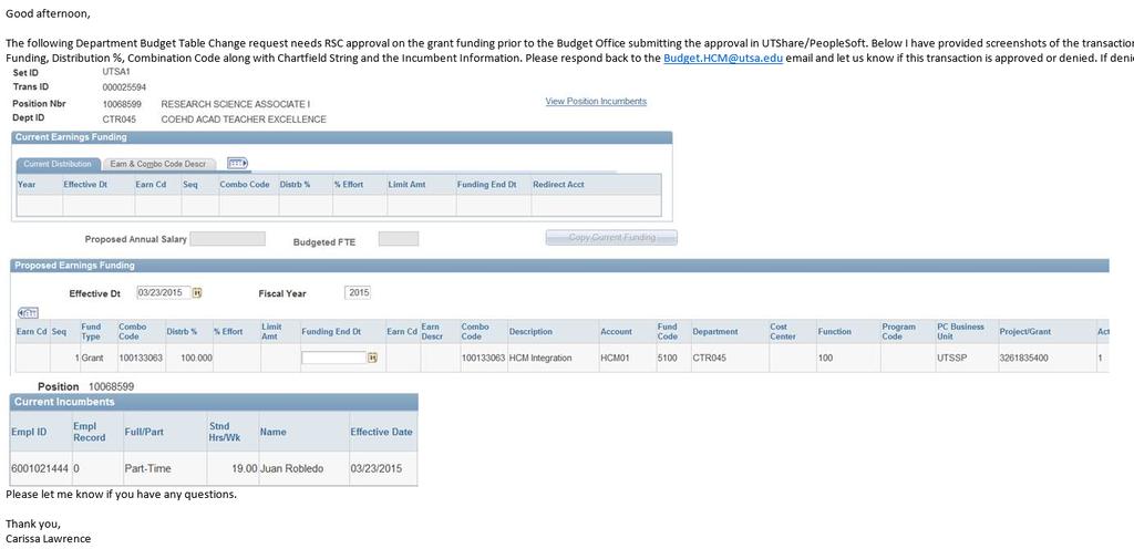 Appendix D: BUDGET DBT email to RSC RSC receives a screen print f Dept Admin Tab/DBT Details Screen