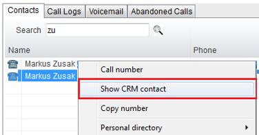 At any time, you can search for CRM contacts from within Unity and perform click to dial to make an outbound call to the contact, or display the contact in the CRM platform (this is referred to as