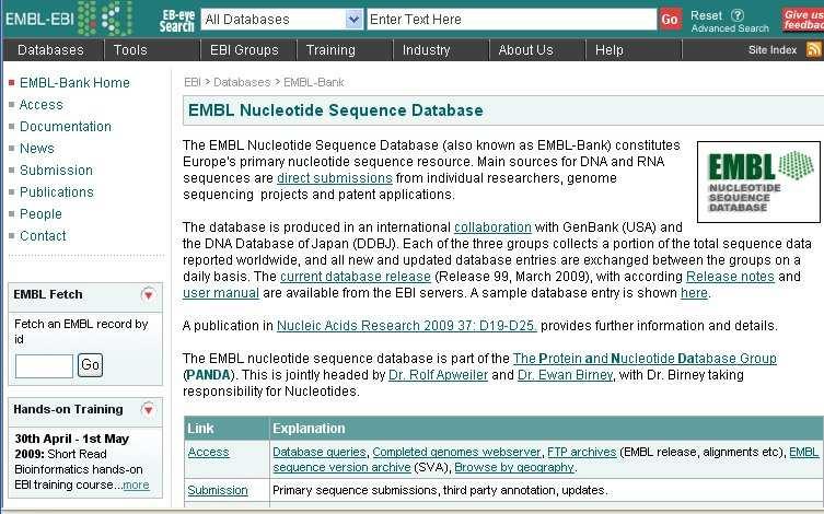 Primary data bases in detail: EMBL nucleotide sequence data