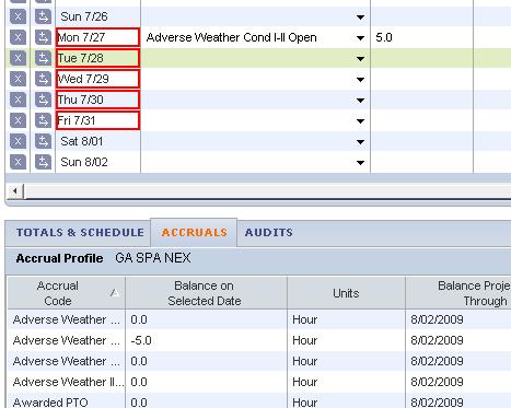 3. In the amount column type the number of Adverse Weather hours to be paid for but not worked due to adverse weather taken. 4. Click Save. Note: Always click Save after a Timecard punch or edit. 5.